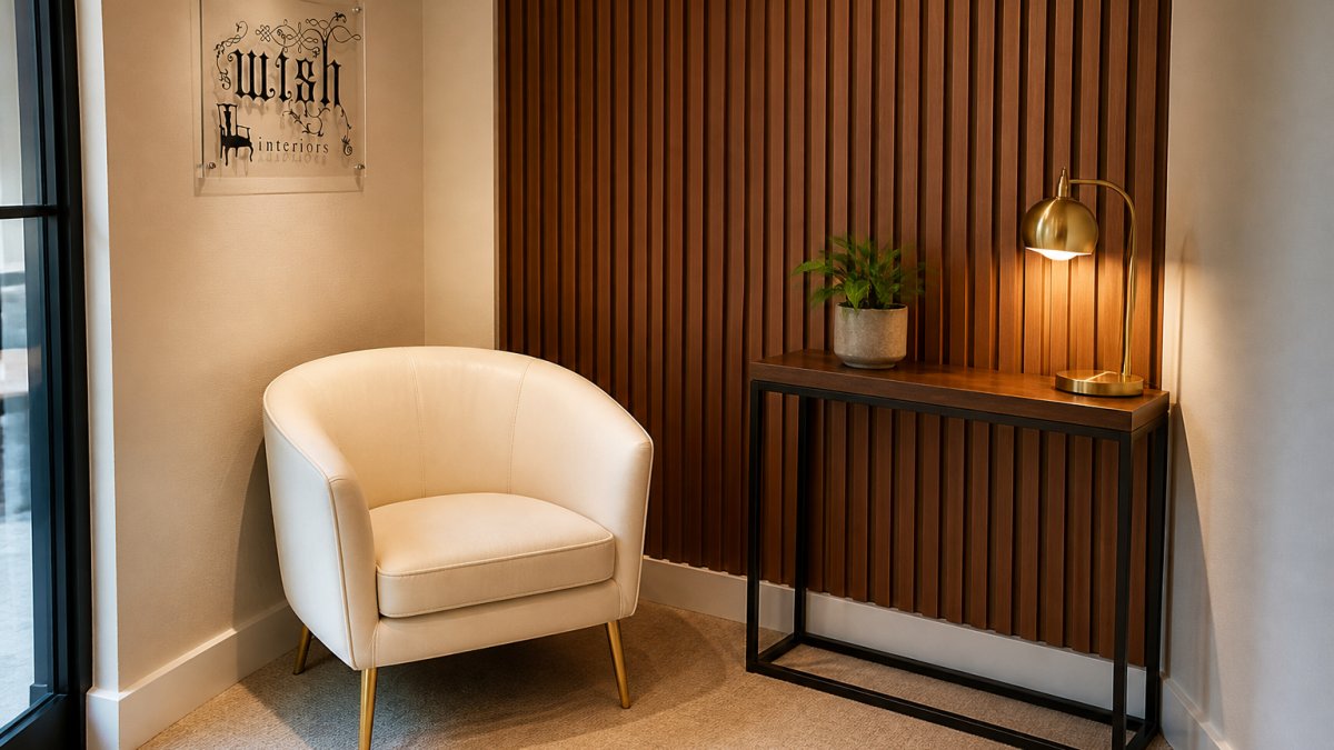 A compact office reception area with a cream leather lounge chair, a narrow wood and metal console table holding a small plant and a gold globe desk lamp, and a neutral colour scheme with a walnut acoustic panel accent wall