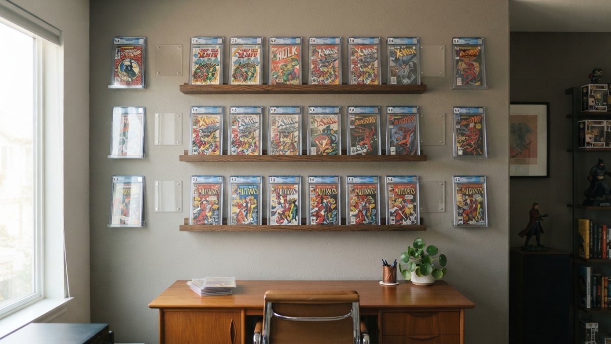 CGC-graded comics arranged on floating shelves as stylish wall display solutions for comic slabs in an office.
