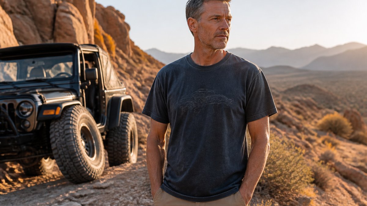 Man in his mid-40s wearing a faded vintage graphic tee standing on a rocky desert trail at golden hour, relaxed posture, subtle graphic barely visible on chest, natural landscape behind him