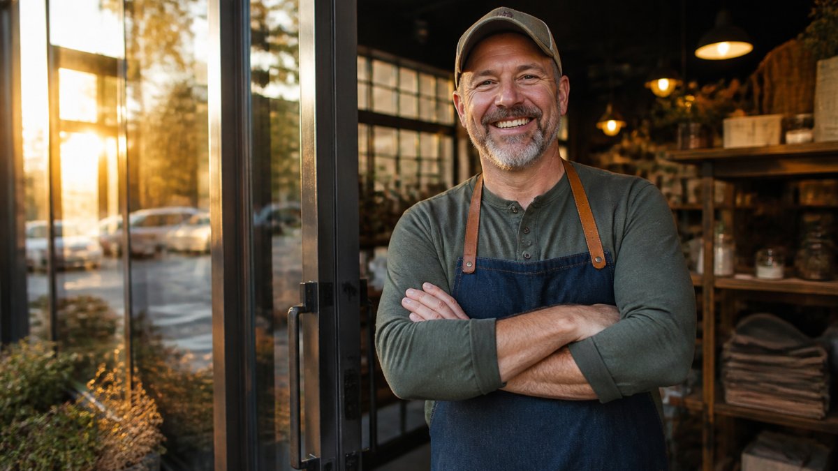 A veteran small business owner in an apron standing in the doorway of a small retail shop, smiling with arms crossed, warm afternoon light