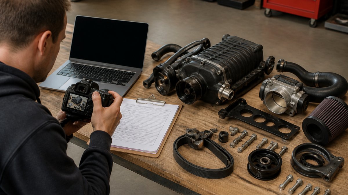 A person photographing supercharger kit components laid out on a garage workbench, with a clipboard of service records and an open laptop nearby