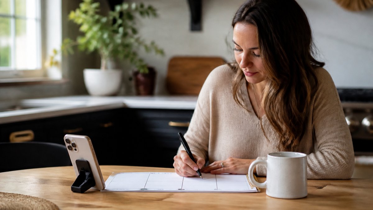 Weekly planner layout showing steps to plan sustainable instagram growth while working at a sunny kitchen table