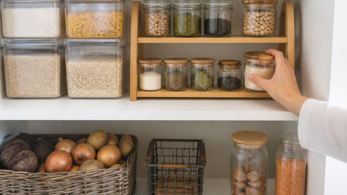 Hand reaching for a labeled glass canister on a minimalist pantry shelf with bamboo storage racks