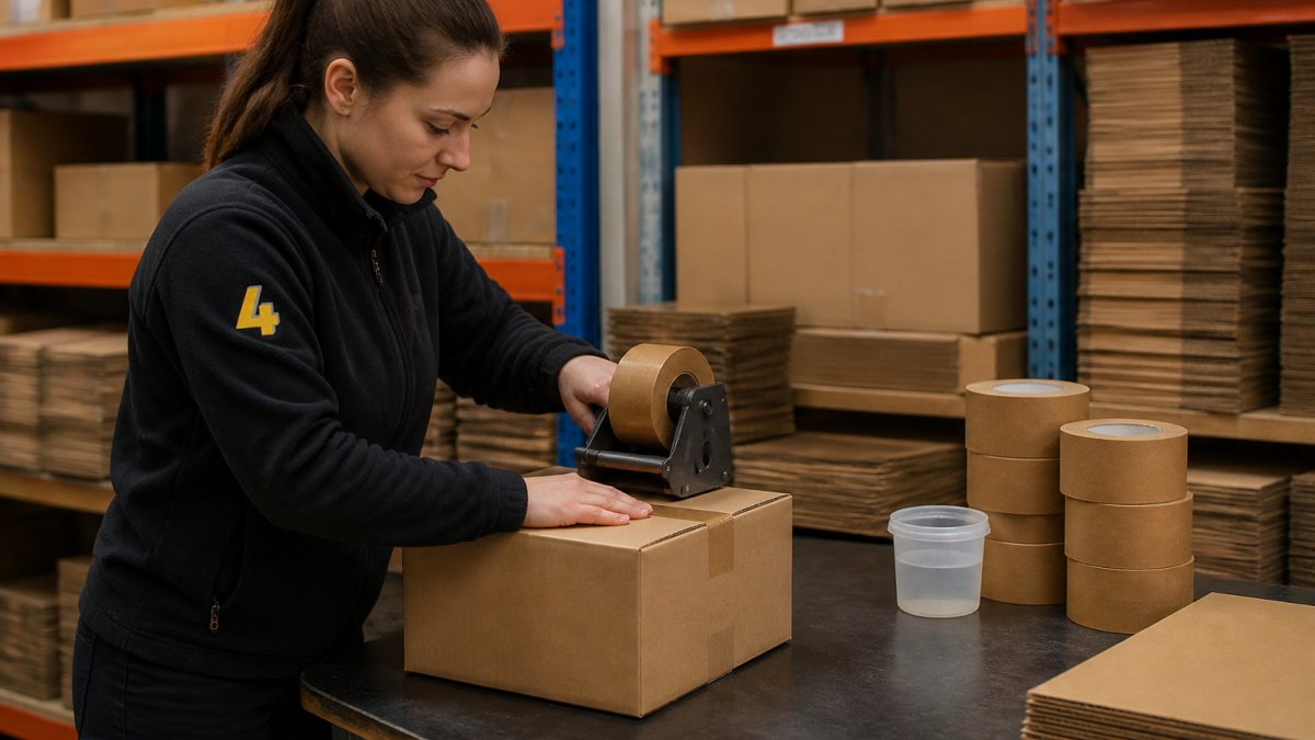Warehouse packer sealing a cardboard box with sustainable packing tape on a wooden workbench