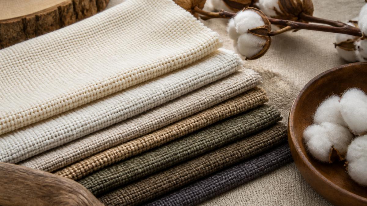 Close-up of sustainable fabric swatches in natural tones showing detailed weave texture, with cotton plant fibres and wooden elements arranged on neutral background with soft natural lighting