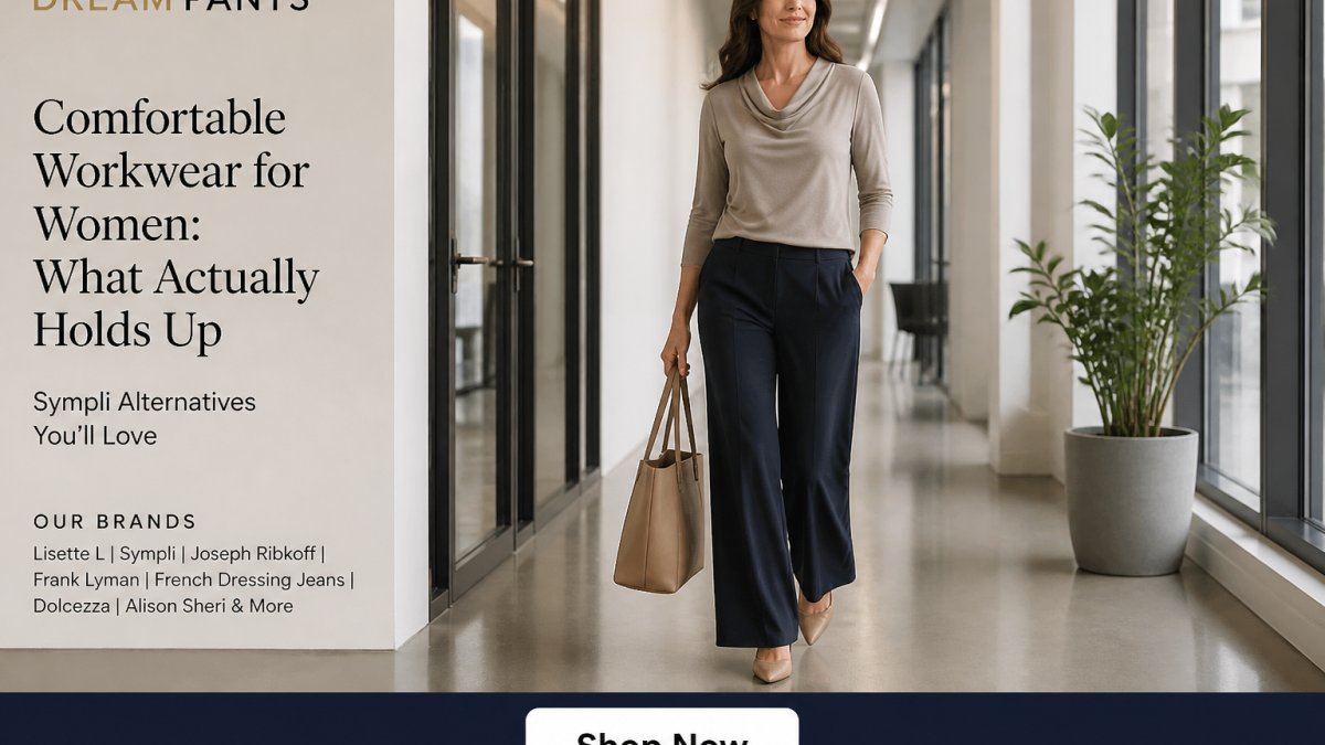A professional woman in wide-leg trousers and a silky knit top walking through a bright office corridor, carrying a tote bag, natural daylight