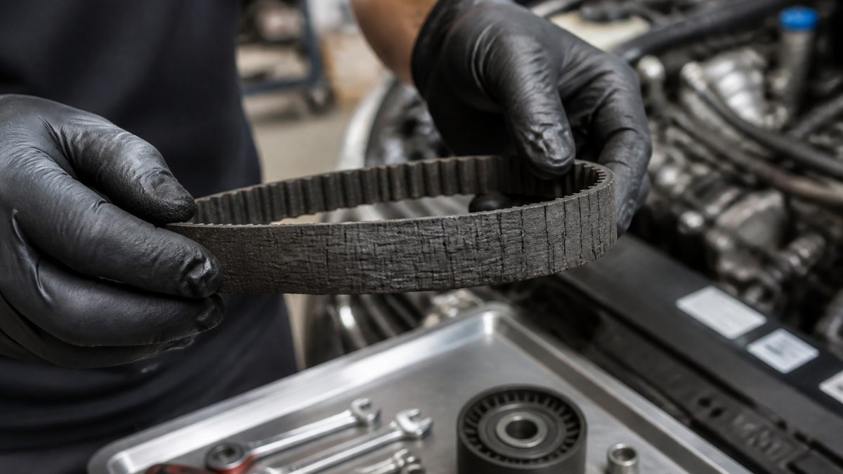 Mechanic holding a worn, cracked timing belt that caused a snapped timing belt failure in a Japanese engine