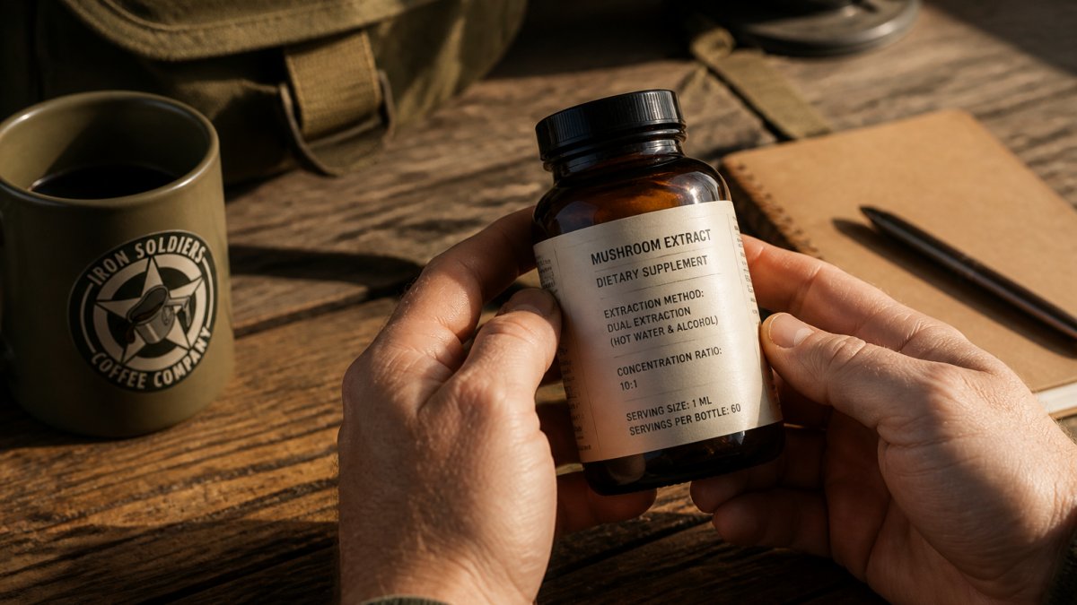 Hands holding a bottle showing extraction ratio and method on wood