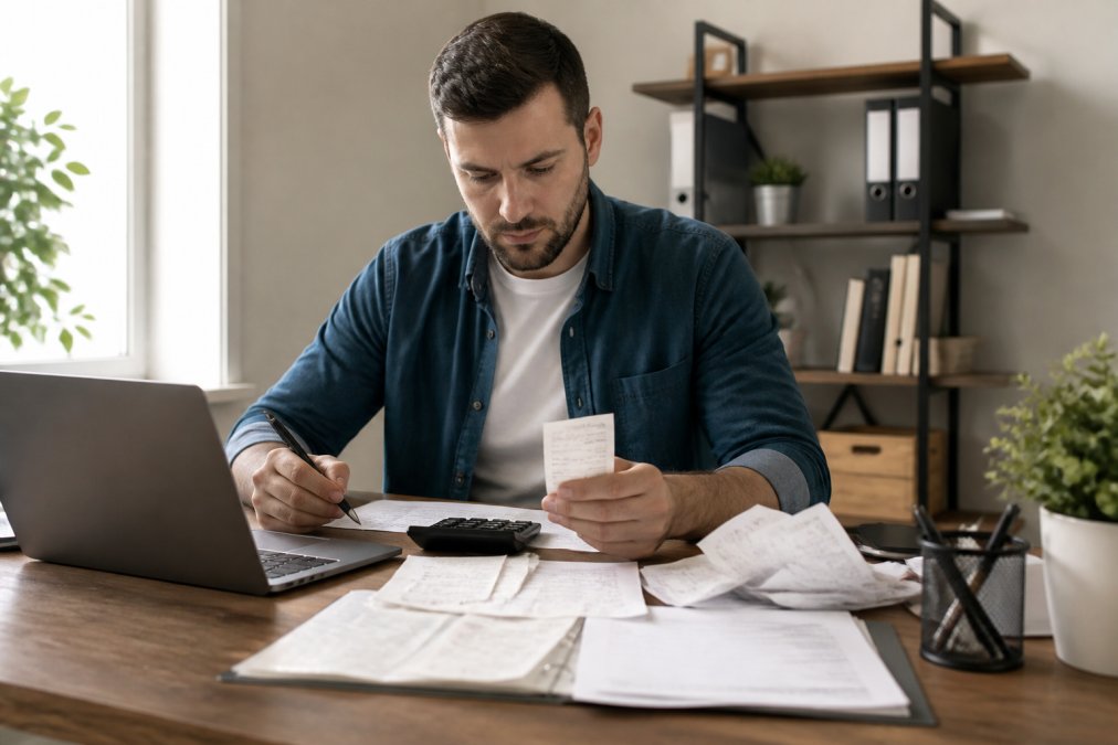 Independent contractor sitting at desk with laptop, calculator, and organized receipts and expense documents visible, natural office lighting