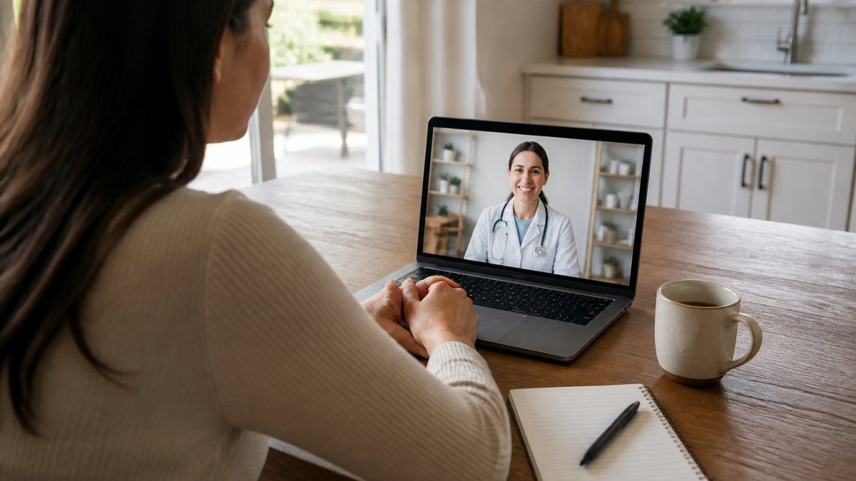 A person sitting at a kitchen table with a laptop open to a video call with a doctor, a notepad and coffee mug nearby, warm natural light