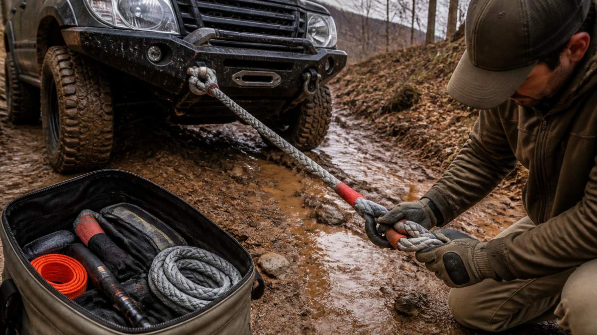 Driver in gloves inspecting a kinetic rope and soft shackle attached to a 4WD vehicle on a muddy trail