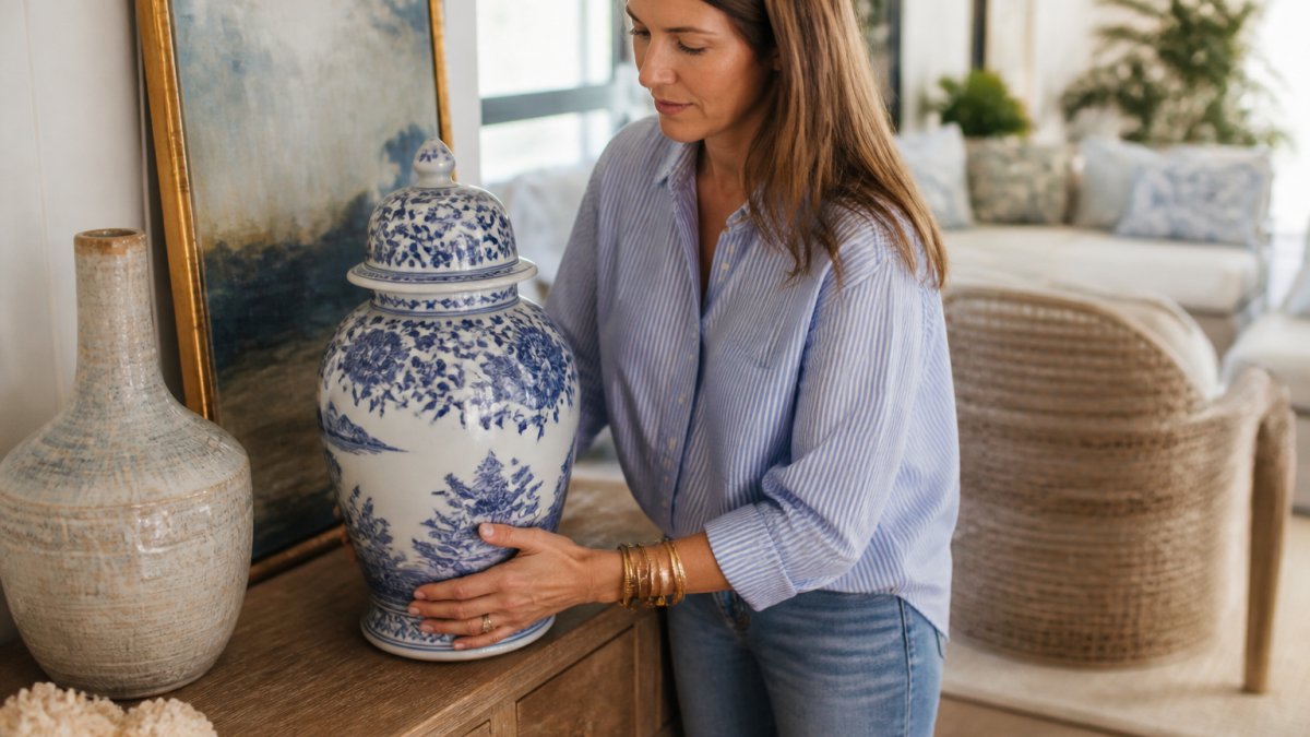 Hands turning a blue and white porcelain ginger jar on a wooden console in a bright coastal living room