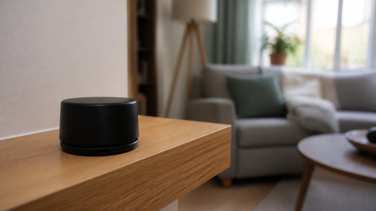 A small passive radon detector sitting on a shelf in a lived-in British living room, with a sofa and window light in the background