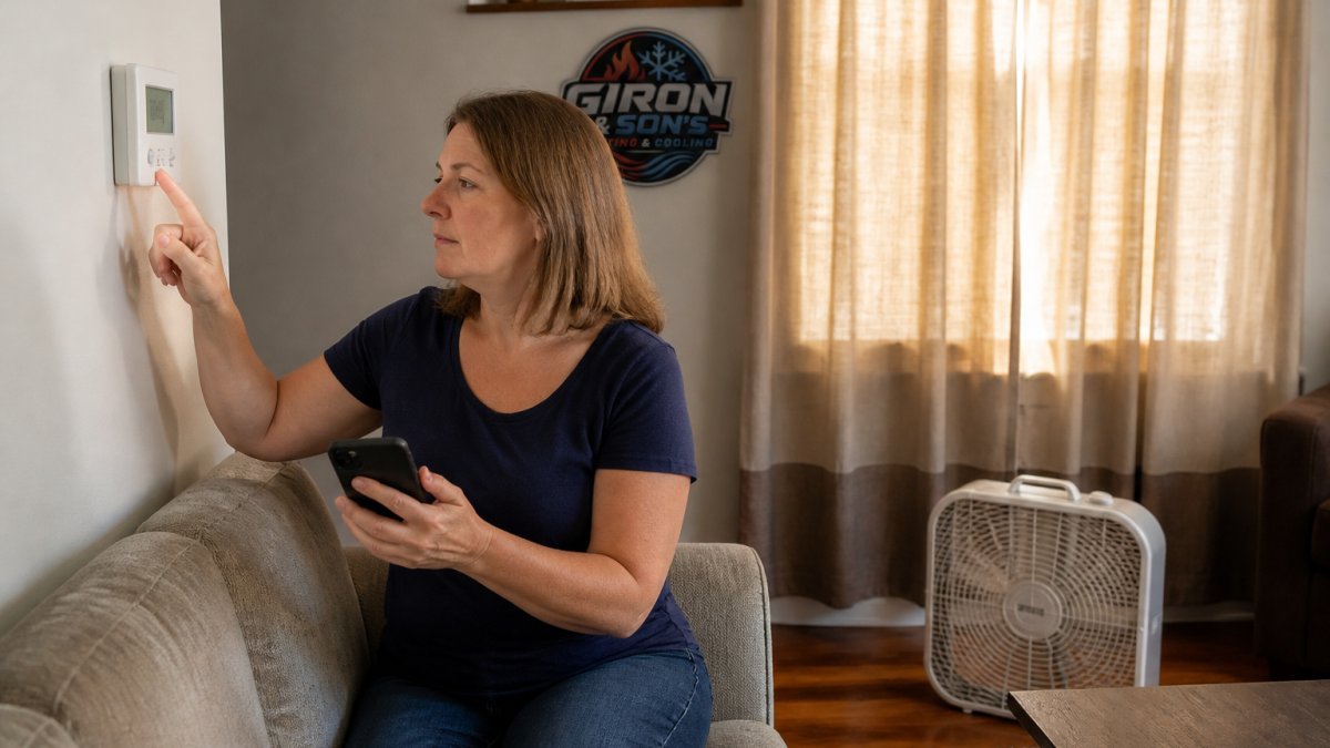 A homeowner in a warm living room checking a wall thermostat and holding a phone, with a box fan nearby and curtains drawn against afternoon sun