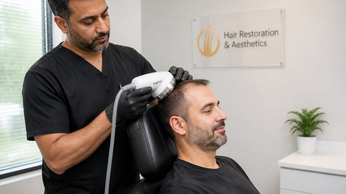 A clinician in gloves positioning a small acoustic therapy device against a patient's scalp in a bright, clean treatment room, with the patient seated comfortably and relaxed
