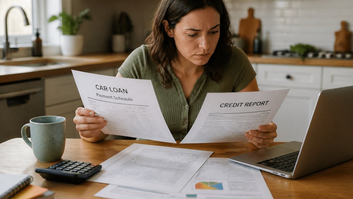 A person at a kitchen table reviewing a car loan payment schedule and a credit report printout, with a laptop open and a coffee mug nearby, warm natural light