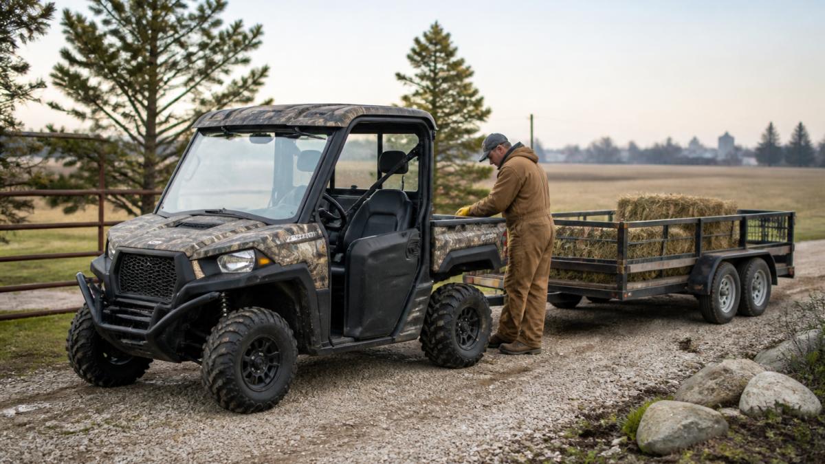 A farmer inspecting a cargo bed on a side-by-side UTV to help estimate a new UTV cost for agricultural work.