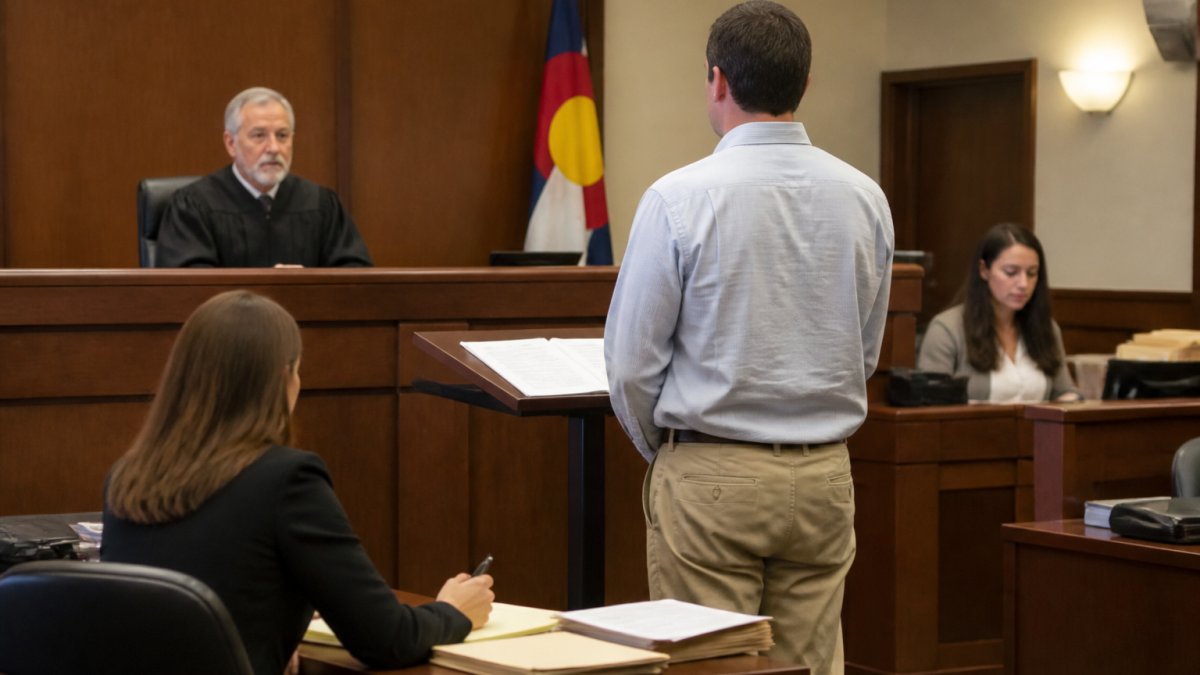 Flowchart illustrating the step-by-step process of a Weld County arraignment in a Colorado courtroom.