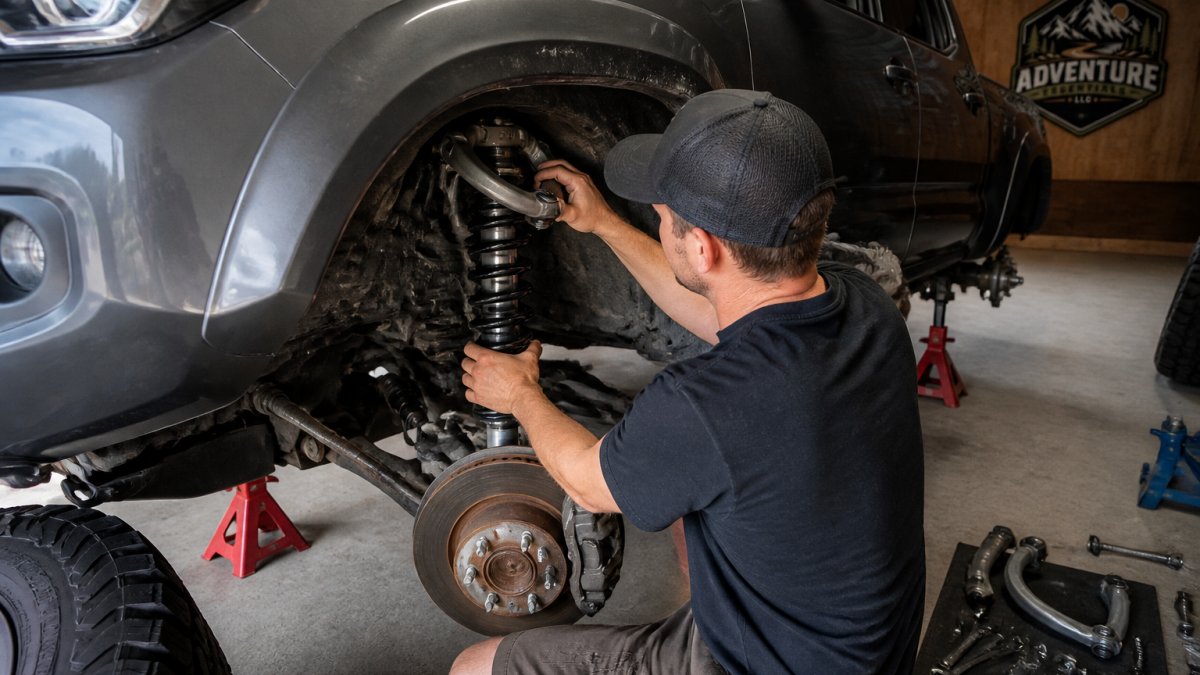 Close-up of a mechanic's hands checking clearance between an aftermarket coilover and the upper control arm on a lifted Tacoma, truck raised on jack stands in a home garage with tools scattered nearby
