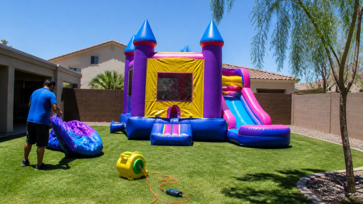 Diagram illustrating proper space planning and setup requirements for 7 things to check before renting a bounce house combo