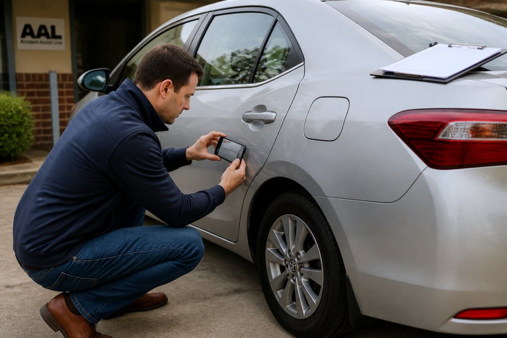 A person in a well-lit driveway crouching beside a silver sedan, holding a smartphone with a condition checklist open while photographing a small scratch on the rear door, clipboard resting on the bonnet