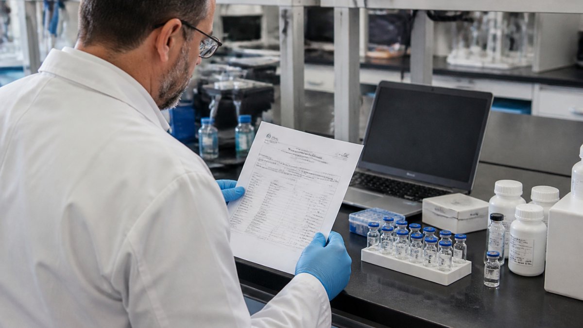 Researcher in a lab coat reviewing a certificate of analysis for a peptide review at a laboratory bench
