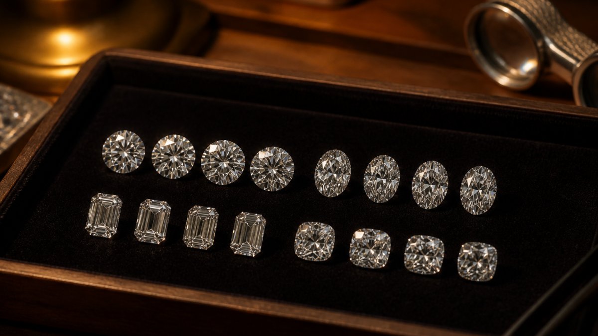 Assorted loose diamonds in round, oval, emerald, and cushion cuts arranged on a dark velvet jeweler's tray