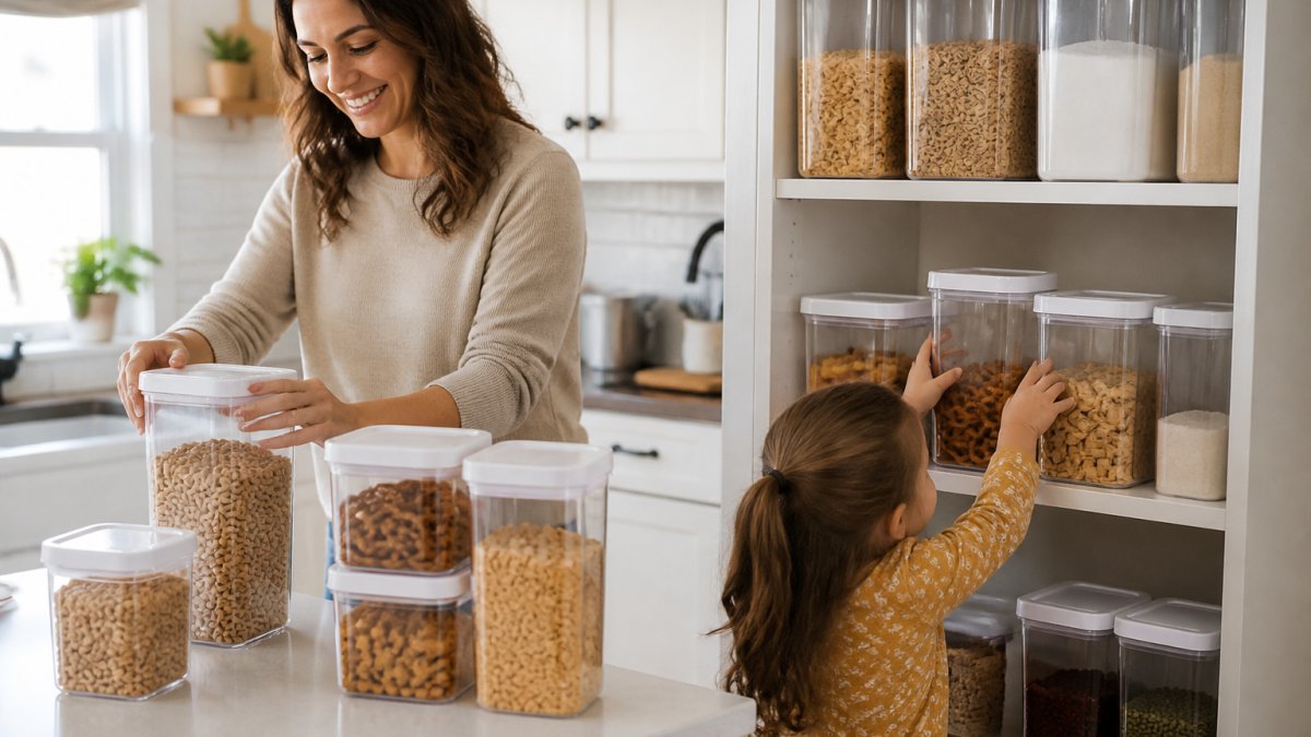 A parent in a bright kitchen filling clear stackable airtight containers with cereal and dry snacks while a young child reaches for a container on a low shelf