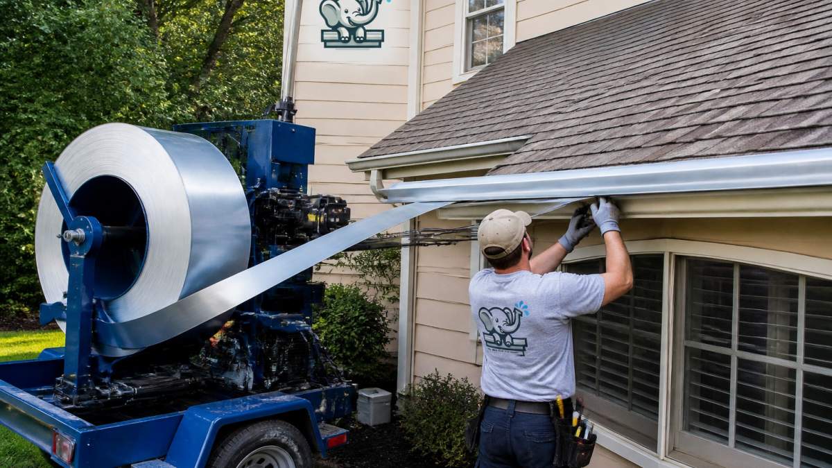 Worker using a seamless machine for a continuous aluminum gutter installation along a roofline