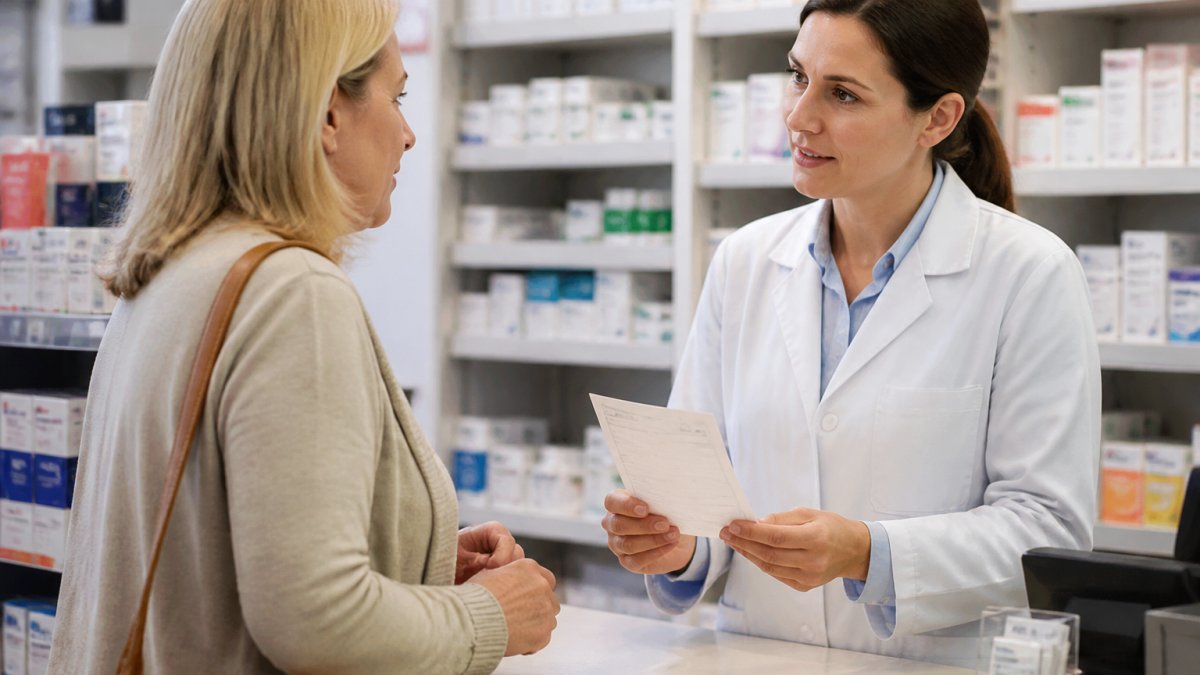 A woman in her forties at a UK pharmacy counter speaking with a pharmacist in a white coat, prescription slip in hand, shelves of medicines softly blurred behind them