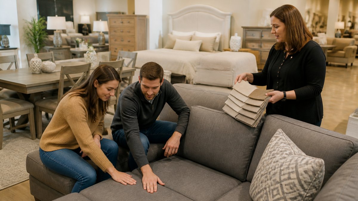 A couple browsing a bright furniture showroom, testing the cushions of a gray sectional sofa while a salesperson points out fabric options nearby