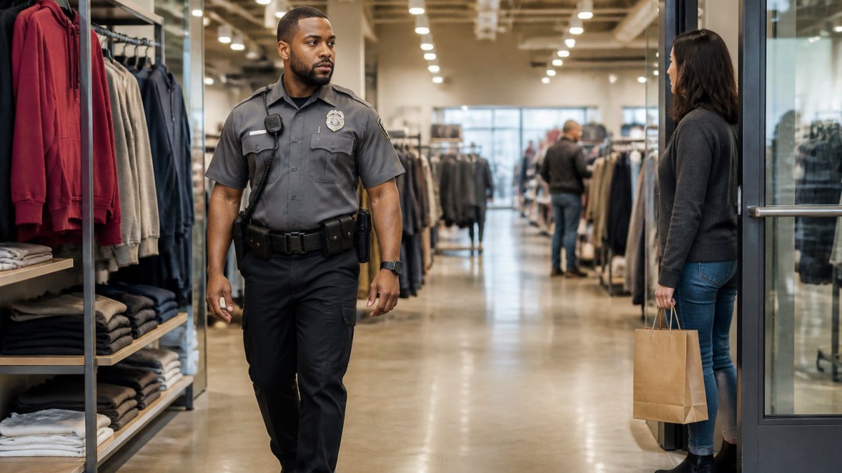 A security guard working as an American frontline alternative for retail patrols aisles and greets a customer.