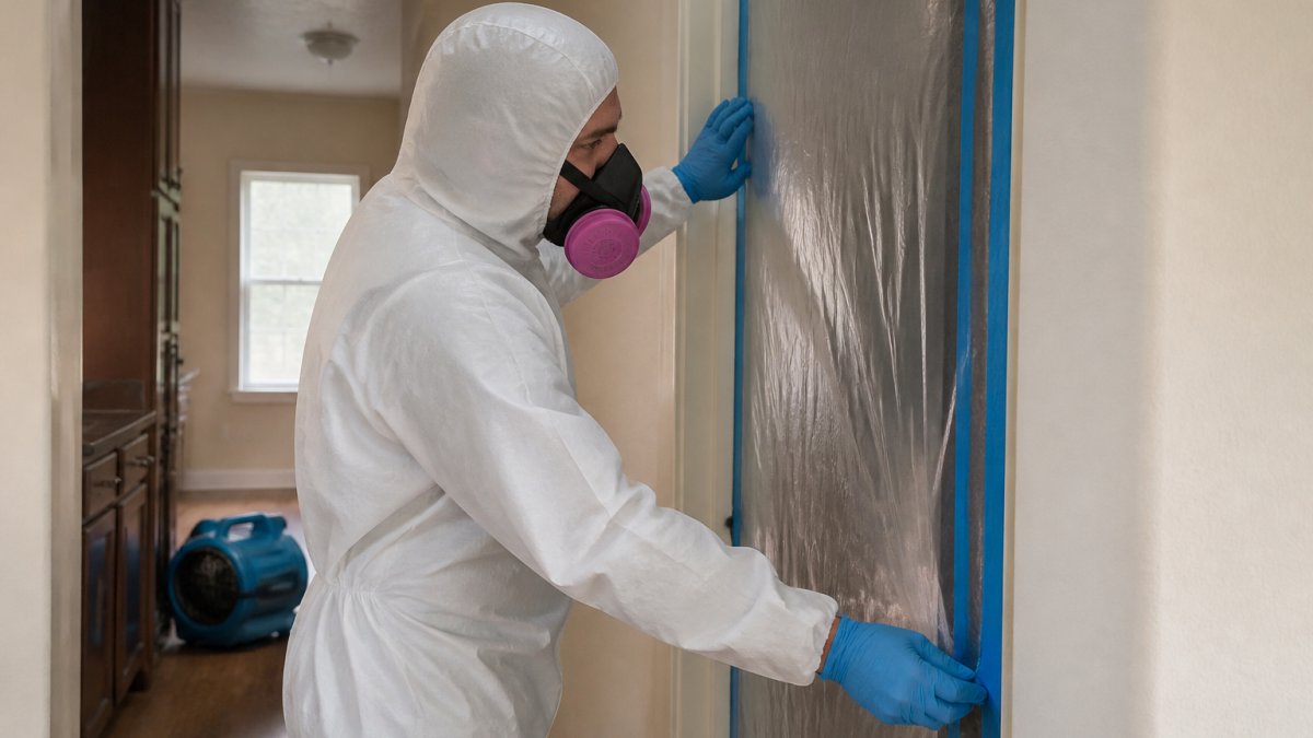 A remediation technician in a white protective suit and respirator sealing a doorway with plastic sheeting and tape inside a residential hallway, with an air scrubber visible in the background