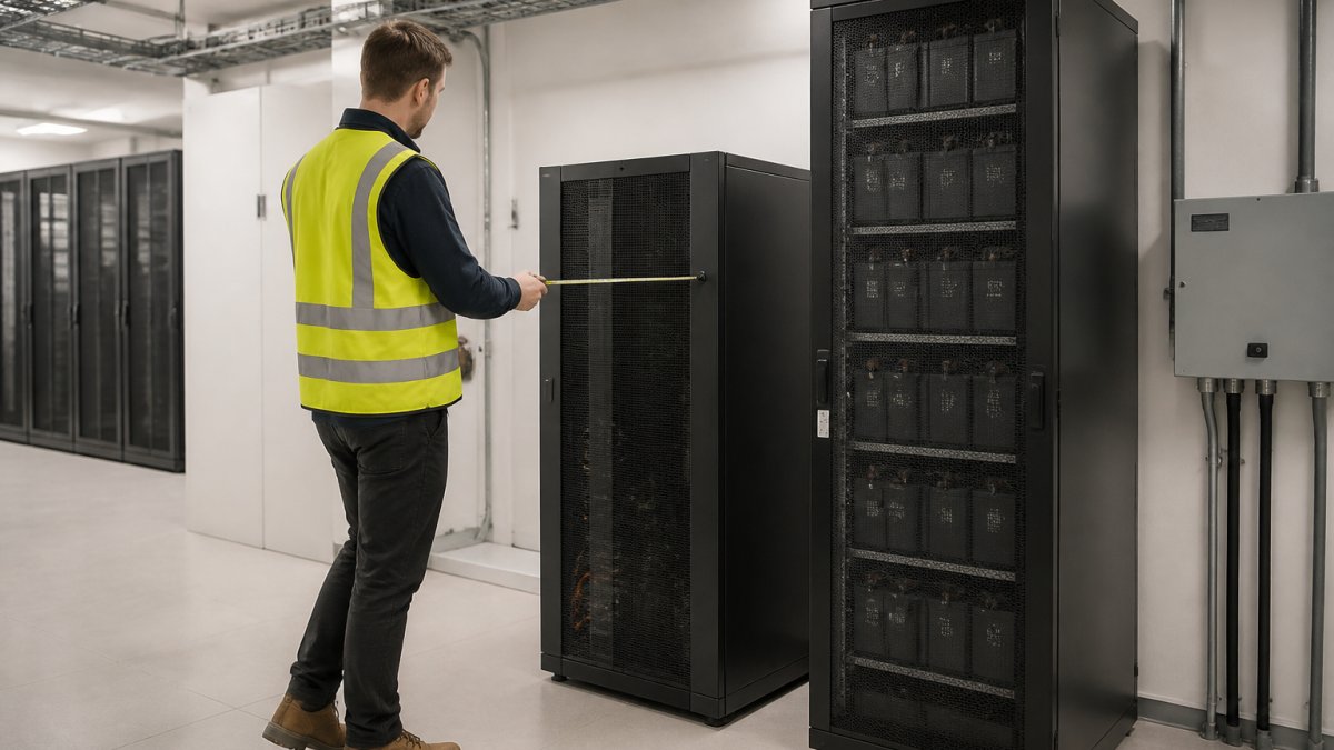 Technician measuring space for compact lithium and bulky lead-acid battery cabinets in a data center server room.