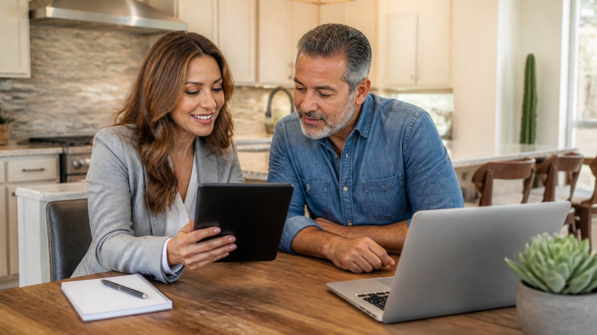 A real estate agent and a homeowner reviewing a property listing on a tablet at a kitchen table in a bright Arizona home, with a laptop and notepad nearby