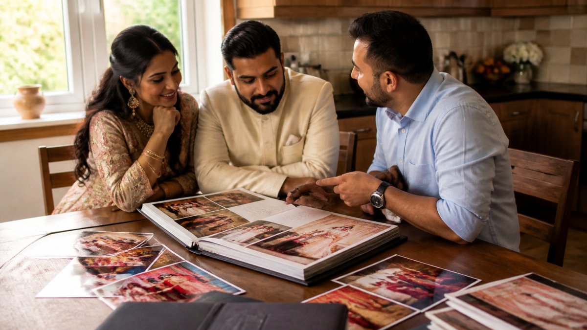 A process flow of a couple and their Indian wedding photographer reviewing a digital gallery and printed album.