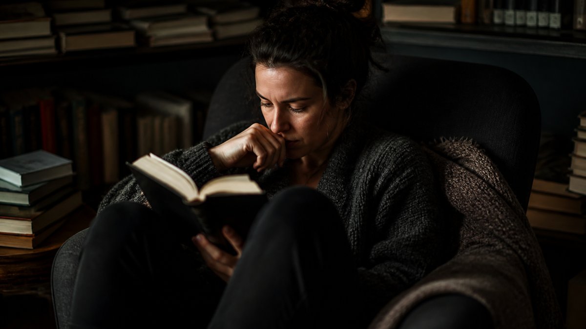 A person reading a psychological thriller in a dimly lit room, lost in the tension of stories that challenge perceptions of