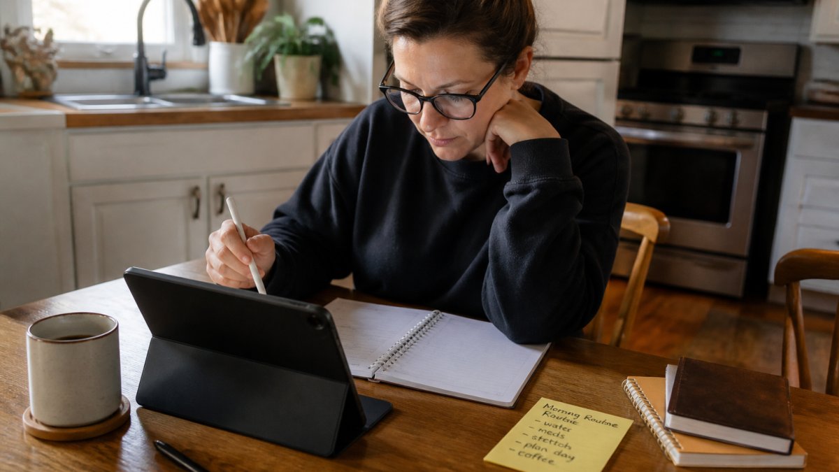 A daily routine planner template displayed on a tablet with a morning checklist and coffee at a kitchen table.