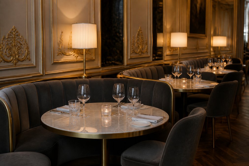 Elegantes kleines Restaurantinterieur mit kompakten luxuriösen Sitzbänken und runden Marmortischen, warmes Licht, edle Barockelemente an den Wänden, gedeckte Tische für den Abendservice