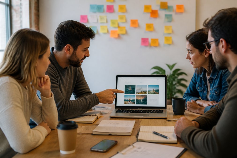A small agency team gathered around a desk with a laptop showing a website layout, sticky notes on the wall behind them, mid-discussion and pointing at the screen