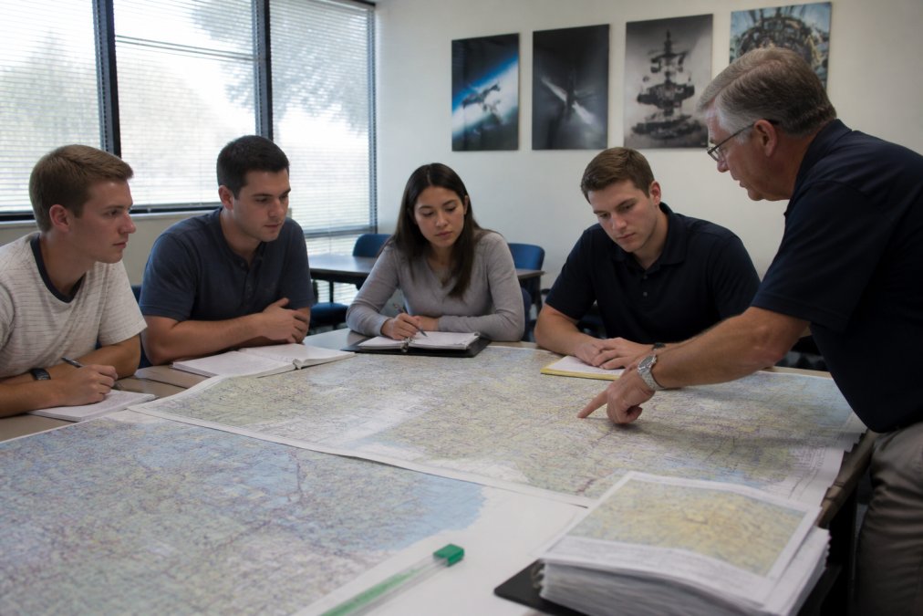 A small group of aviation students in a bright classroom reviewing flight plans with an instructor, charts and laptops on the table