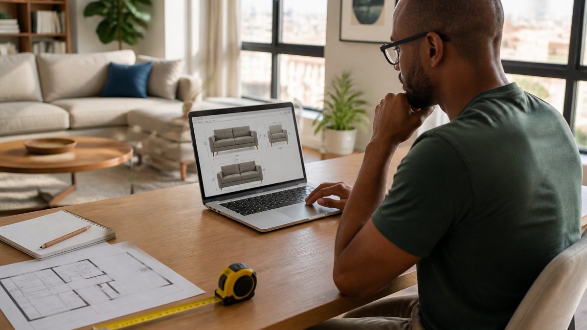 A person sitting at a desk with a laptop, measuring tape, and a floor plan sketch, comparing furniture dimensions on screen in a bright apartment living room
