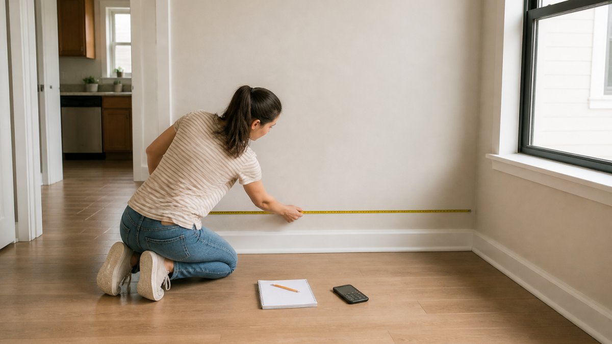 A renter kneeling on a living room floor with a tape measure, measuring a wall between a doorway and a window, with a notepad and phone calculator nearby