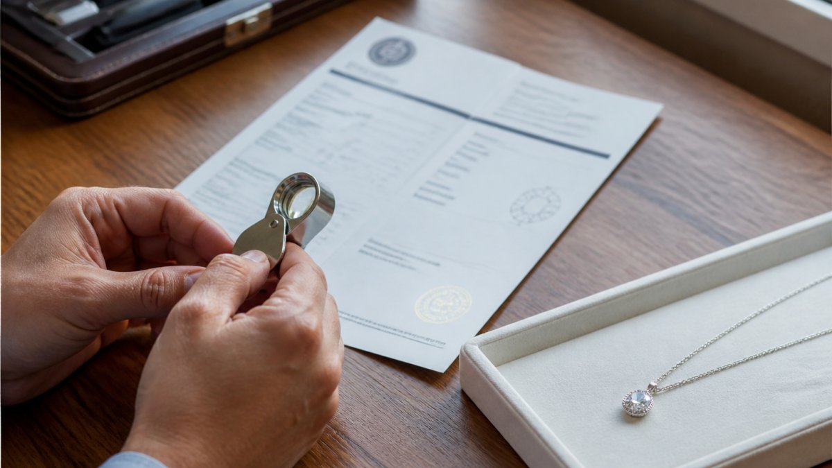 Hands holding a jeweler's loupe over a diamond grading report and pendant on a white tray