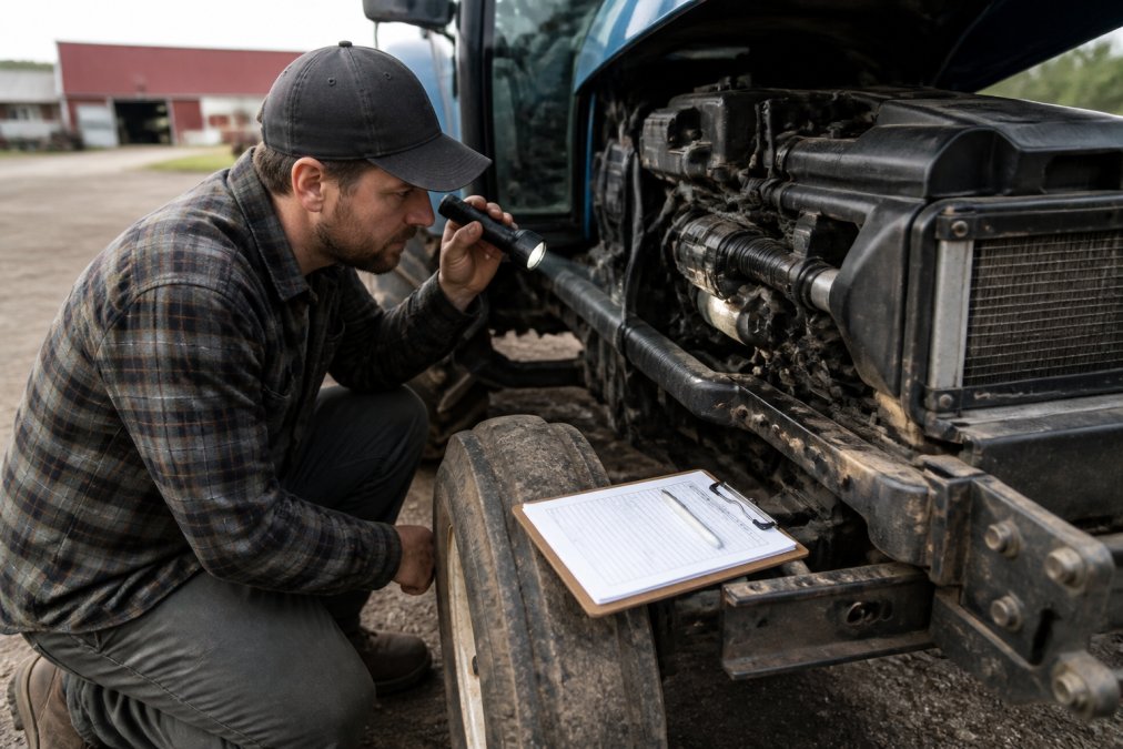 A farmer in work clothes kneeling beside a used utility tractor, holding a flashlight and inspecting the engine compartment while a clipboard with a checklist rests on the tire