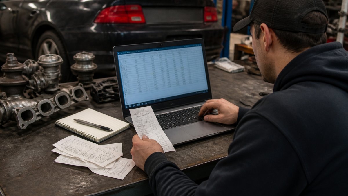 A person sitting at a garage workbench with a laptop open to a spreadsheet, receipts and a notebook beside it, car parts visible in the background