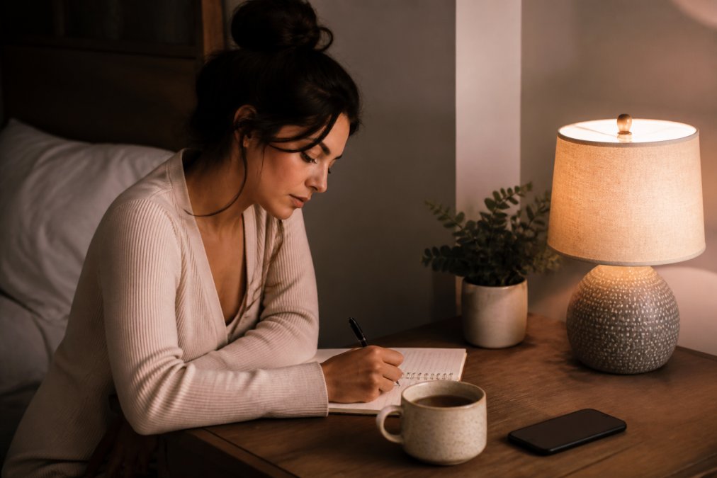 Infographic showing a nighttime routine for calming an overactive mind by journaling and drinking herbal tea.