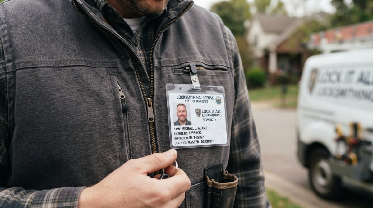 Close-up of a professional locksmith's state license and credentials displayed on a work vest, showing name, license number, and certification date under natural lighting