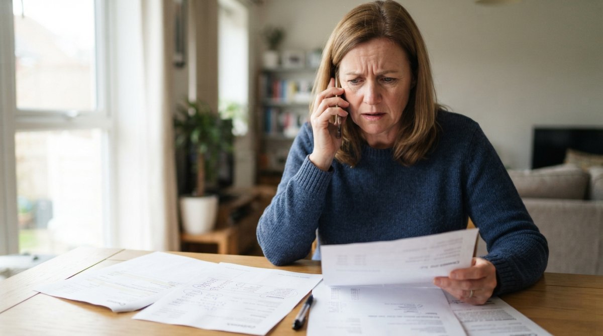 Homeowner on phone call looking concerned while reviewing paperwork with pricing details and estimates spread on a table in natural daylight