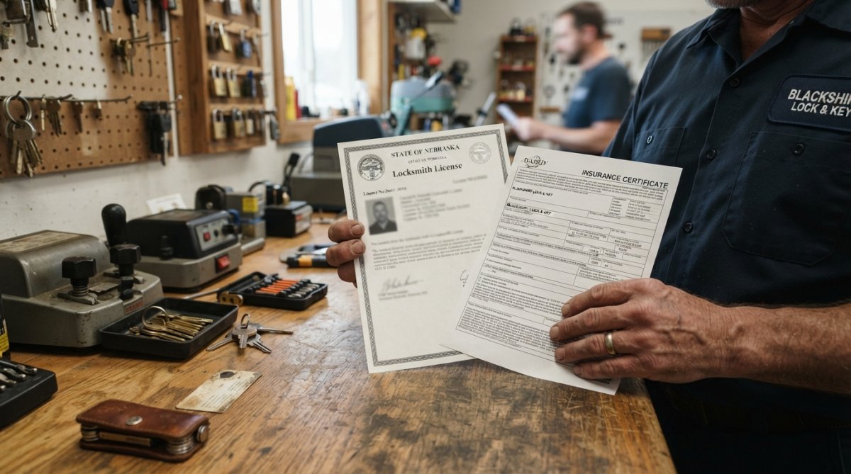 Professional locksmith's hands holding official state locksmith license and insurance certificate documents displayed on a work desk